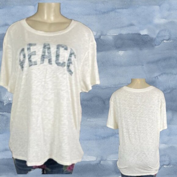 Torrid 0/L Cream Heather Peace Graphic Crew Neck Cotton Relaxed Short Sleeve Tee - Picture 1 of 6